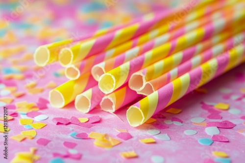 Bright striped straws arranged on a pink background with colorful confetti fo...