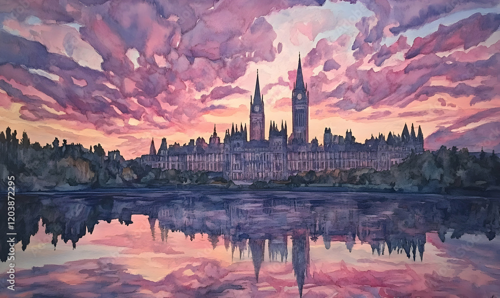 Fototapeta premium Parliament sunset, city reflection, artwork