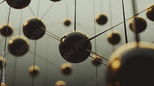 Conceptual render of spheres linked in an atom-like neural network structure, representing futuristic AI and crypto themes. photo