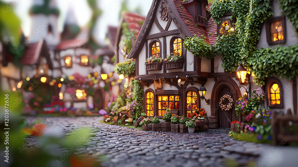 Fototapeta premium quaint village with charming houses, cobblestone streets, and vibrant flowers creates warm, inviting atmosphere