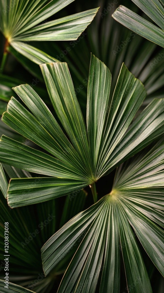 Fototapeta premium Close-up view of vibrant green palm leaf showcasing intricate textures and patterns in natural light