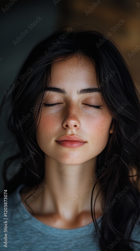 Fototapeta premium Woman with closed eyes and natural beauty, showcasing freckles and soft lighting in a serene moment