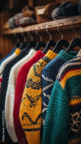 Colorful display of knitted sweaters in a retail shop during autumn season