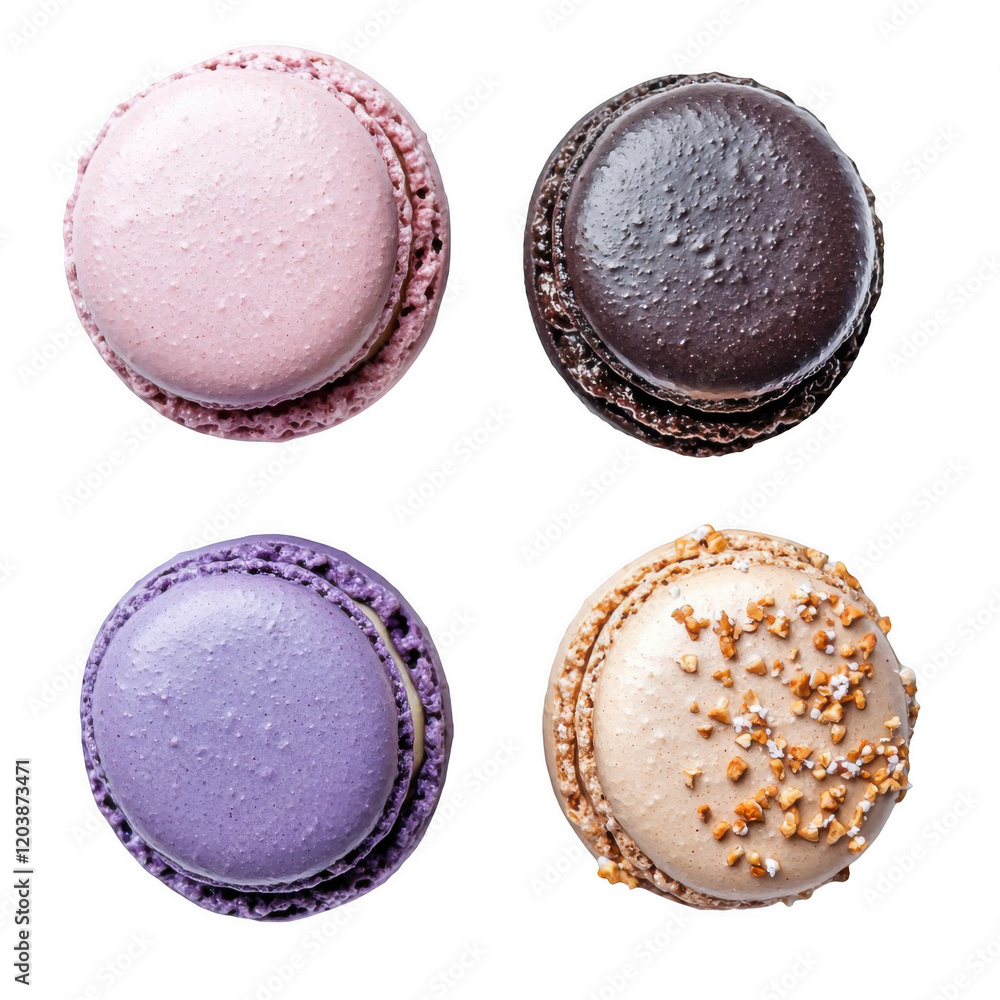 Four Colorful Macarons Isolated on White Background – Delicious Treats for Every Sweet Tooth – Perfect for Events, Celebrations, and Indulgence Four Colorful Macarons Isolated on White Background – Delicious Treats for Every Sweet Tooth – Perfect for Events, Celebrations, and Indulgence