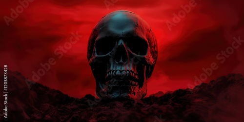 A dark skull illuminated by red light in a mysterious and ominous atmosphere, symbolizing death, danger, and the unknown. photo