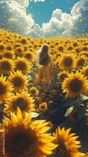 Young woman stands amidst a vast sunflower field under a bright blue sky
