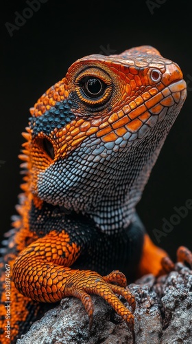 Vibrant lizard basking on a rock with detailed scales and striking colors in ...