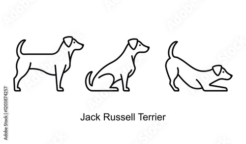 Jack Russell Terrier, line icon. Different poses of Terrier - standing, laying down, sitting. Linear illustration, editable strokes