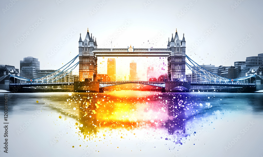 Obraz premium London Bridge, vibrant city sunrise, reflection, travel poster