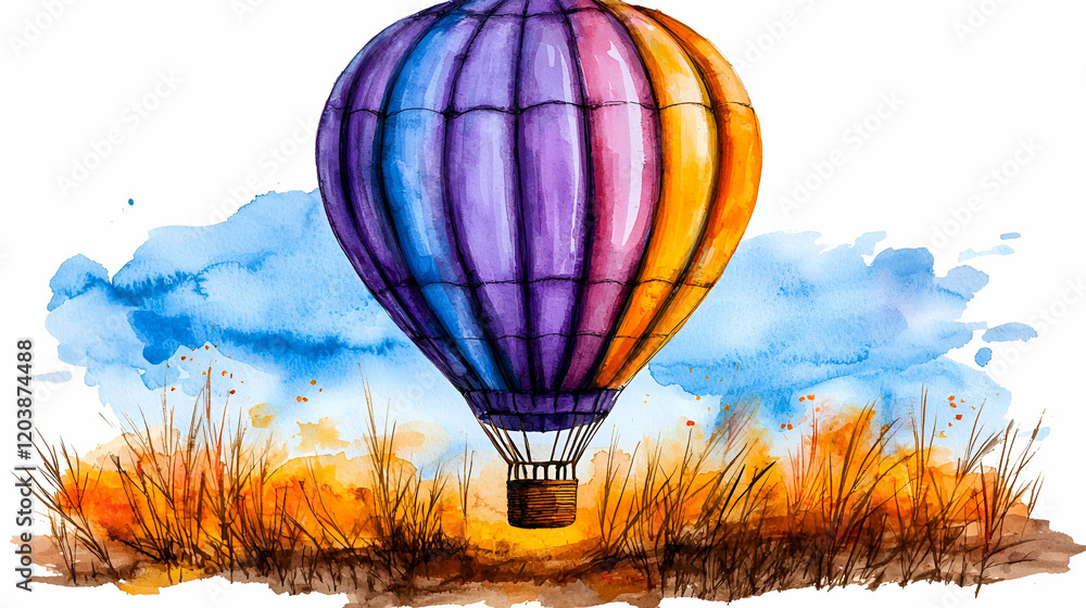 Obraz premium A vibrant watercolor painting of a hot air balloon soaring over grassy fields under a blue sky, showcasing a mix of purple and orange colors.