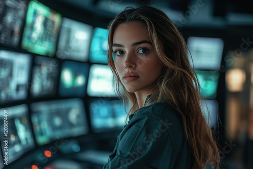 Young woman monitors digital data in high-tech control room during evening hours