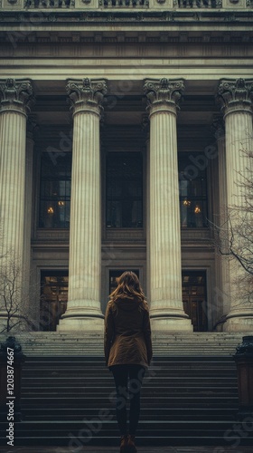 Silhouette of a woman standing against grand pillars in soft natural light