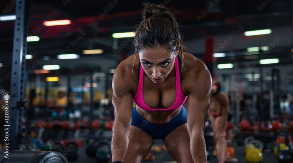 Woman in gym lifting weights with intense expression, wearing pink and blue attire, gym equipment in background. Concept of fitness dedication. Ai generative Woman in gym lifting weights with intense expression, wearing pink and blue attire, gym equipment in background. Concept of fitness dedication. Ai generative