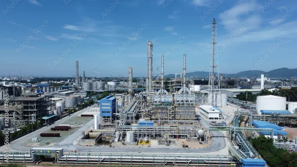 High-angle aerial shot of an advanced oil and chemical refinery, highlighting modern engineering structures and cutting-edge industrial technology. High-angle aerial shot of an advanced oil and chemical refinery, highlighting modern engineering structures and cutting-edge industrial technology.