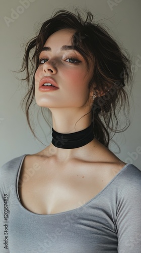 Young woman with long hair and bold makeup poses in gray shirt and choker aga...