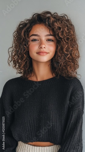 Beautiful woman with curly hair poses outdoors in autumn light surrounded by ...