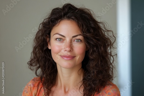 Smiling young woman with curly hair enjoying sunlight outdoors in a natural s...