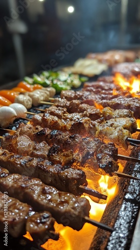 Grilling skewers of meat and vegetables over open flames at a summer barbecue...