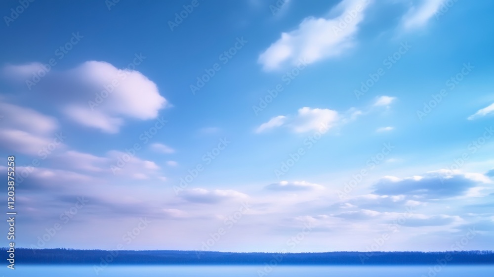 Serene Blue Sky and Soft White Clouds Over Calm Water Surface Serene Blue Sky and Soft White Clouds Over Calm Water Surface