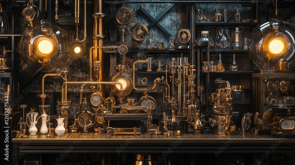 An intricately detailed steampunk laboratory from the 19th century, filled with brass instruments, gears, and alchemical equipment, illuminated by gas lamps An intricately detailed steampunk laboratory from the 19th century, filled with brass instruments, gears, and alchemical equipment, illuminated by gas lamps