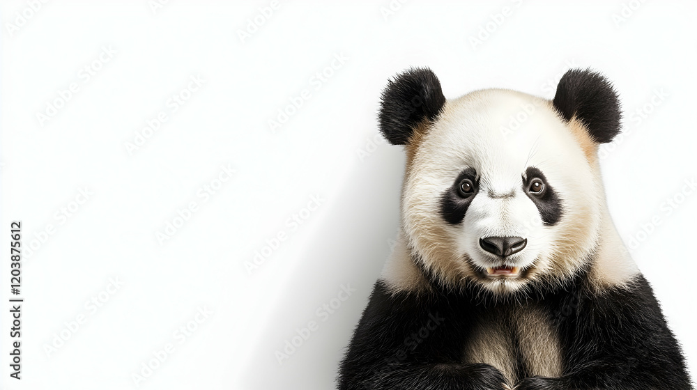 Fototapeta premium Adorable panda cub looking at camera, white background, wildlife conservation, perfect for children's book illustrations