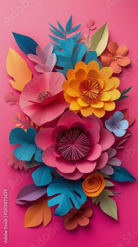 Vibrant paper flowers arranged in beautiful design against a pink background ...