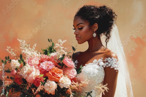Elegant bride holding a vibrant bouquet in a soft floral setting during daytime