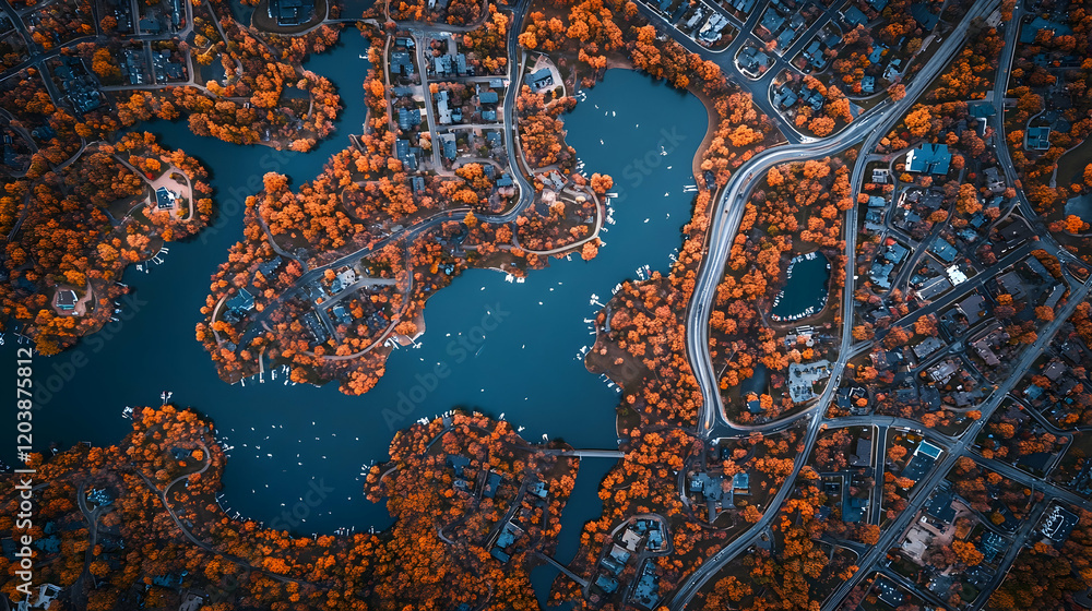 Obraz premium Aerial view of autumnal coastal town, winding roads, colorful foliage, tranquil lake. Ideal for travel brochures