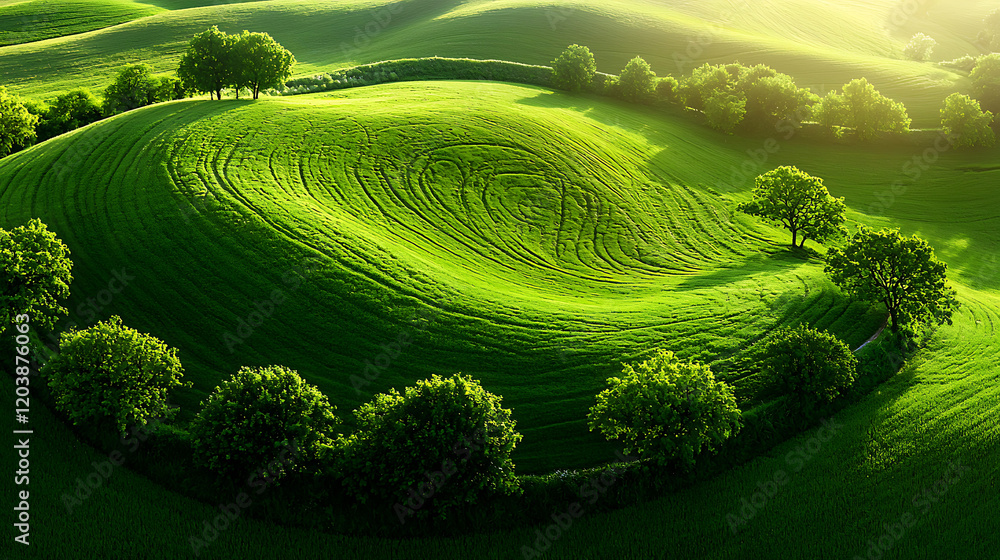 Fototapeta premium serene countryside landscape featuring lush green hills and trees, evoking tranquility and natural beauty