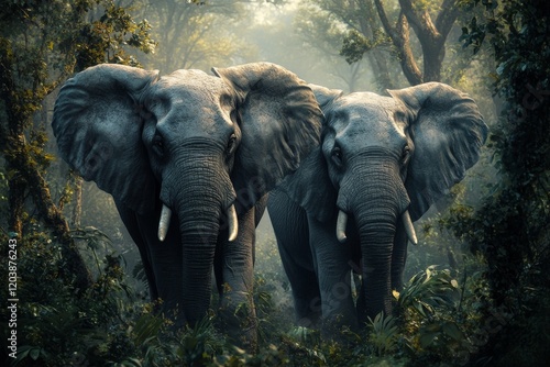 Two elephants standing in a lush green forest during early morning light