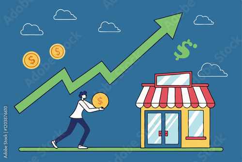 Business growth, financial success, upward trend graph, small shop icon, striped awning, businessman holding coin, blue background, floating coins, green arrow, bar chart, cloud illustrations, cartoon