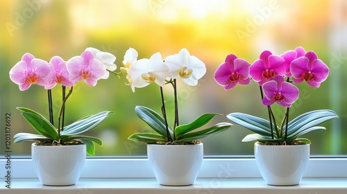 Wallpaper Mural Three Elegant Orchids in White Pots on Windowsill Torontodigital.ca