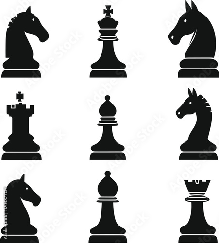 Silhouette of chess, Black silhouettes of Chess checkmate, Set of chess vector icons, Chess icon set, Silhouettes of chess pieces, Chess checkmate silhouettes set, Chess, King, Piece, Queen, Horse
