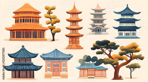 Asian architecture collection pagodas, temples, trees;  illustration for travel guides or cultural publications photo