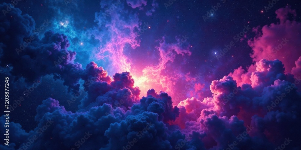 Fototapeta premium A Celestial Canvas Vivid Hues of Pink and Blue Nebulae Adorned with a Scatter of Stars, Creating a Dreamlike Cosmic Landscape