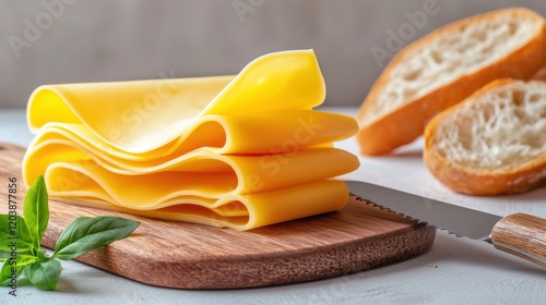 A stack of vibrant yellow American cheese slices on a wooden cutting board, with a knife and fresh bread nearby.