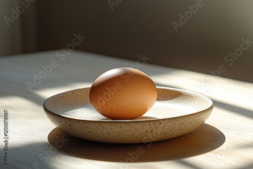 A solitary brown egg resting on a minimalist plate bathed in soft natural light in a serene indoor setting