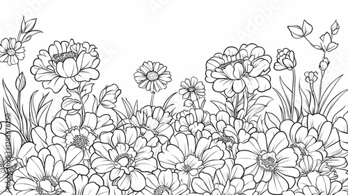 Black and white floral border design, garden flowers, spring meadow, nature illustration, perfect for website banners