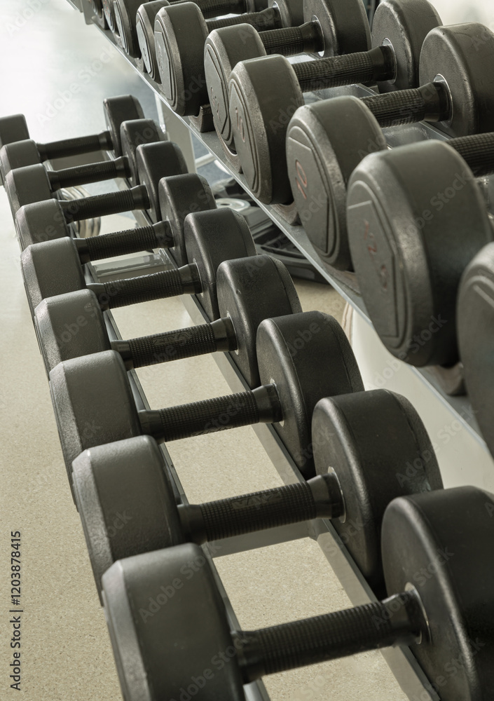 Rows of Dumbbells on a rack in the fitness or gym. Perspective view of Black dumbbells, Weight Training Equipment, use it as your Wallpaper, Poster and Space for text, Selective focus.
