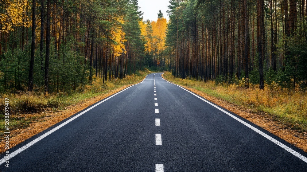 Fototapeta premium Scenic autumn forest road view from above capturing vibrant fall colors