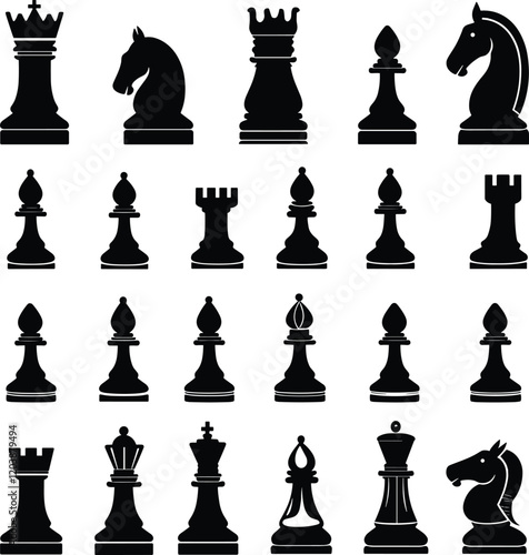 Silhouette of chess, Black silhouettes of Chess checkmate, Set of chess vector icons, Chess icon set, Silhouettes of chess pieces, Chess checkmate silhouettes set, Chess, King, Piece, Queen, Horse