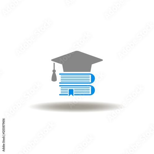 Vector illustration of graduation cap with books. Symbol of education and learning. Icon of diploma. Pictogram of back to school.