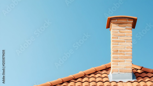 Brick chimney against clear blue sky;  rooftop detail;  home exterior;  real estate imagery