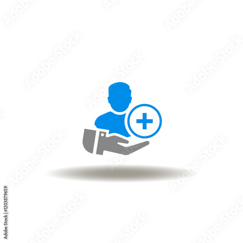 Vector illustration of hand hold person with plus sign. Symbol of refer a friend. Icon of user add.