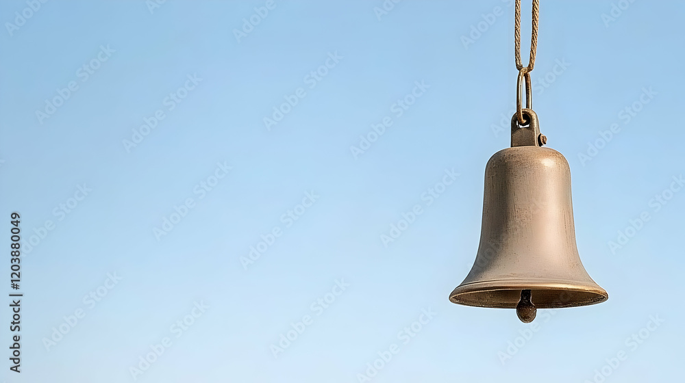 Obraz premium Bronze bell hanging against a clear blue sky; peace, serenity, announcement
