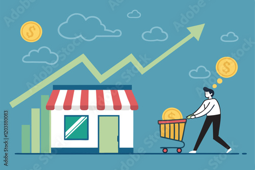 Business growth, financial success, upward trend graph, small shop icon, striped awning, businessman holding coin, blue background, floating coins, green arrow, bar chart, cloud illustrations, cartoon