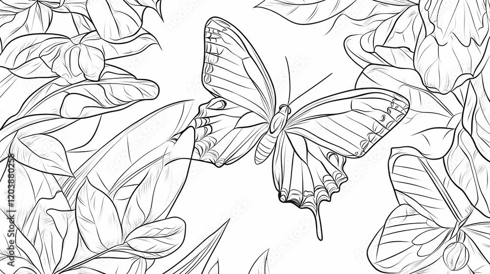 Butterfly on flowers, nature pattern, line art, coloring page, botanical illustration Butterfly on flowers, nature pattern, line art, coloring page, botanical illustration