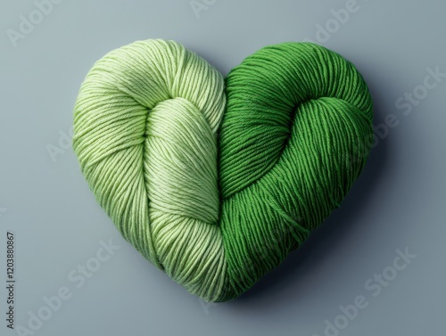 A heart-shaped yarn featuring a gradient of green hues. Greenery and environment themed decoration. photo