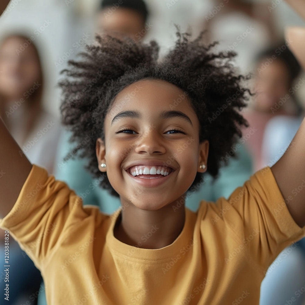 Young girl celebrates joyfully in a lively group setting during a cheerful gathering at a community center Young girl celebrates joyfully in a lively group setting during a cheerful gathering at a community center