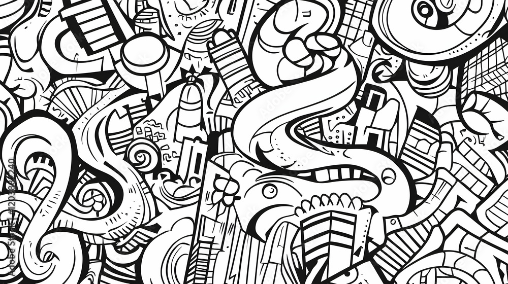 Fototapeta premium Cityscape doodle art; urban buildings, transport, and nature elements; background texture for design projects